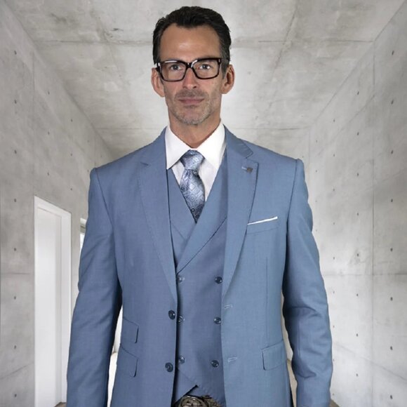 Mens 2 Button Slim Fit Wool Suit With Double Breasted Vest in Steel Blue - Picture 1 of 2